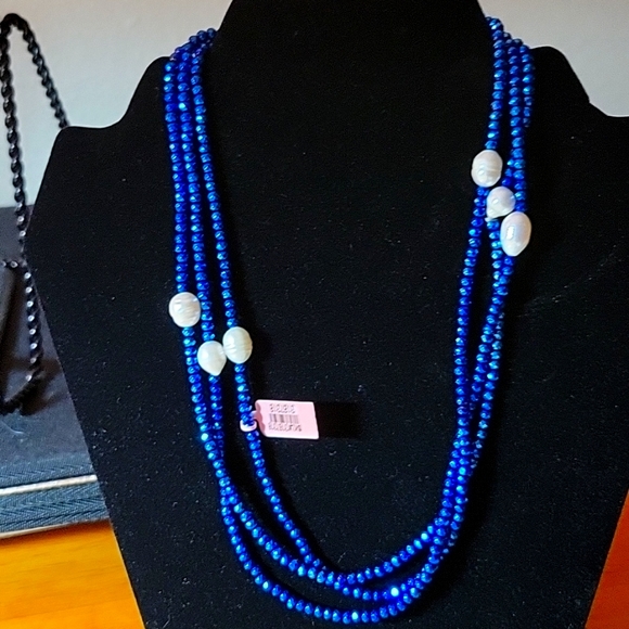 Blue plated Hematite, Freshwater White Pearl beads Necklace NWT - Picture 1 of 3